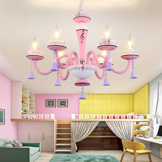 Childs Bedroom Candle Suspension Light: Musical Note Cartoon Glass Chandelier With Little Bell 6 /