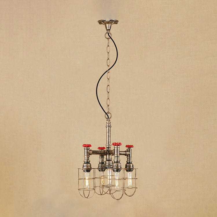 Rustic 5-Light Chandelier Lamp - Wire Frame, Red Valve Metal - Aged Silver/Bronze