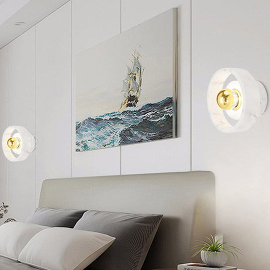 Modern White-Gold Circle Sconce Lighting - Designer Wall-Mounted Marble Light With 1 Bulb