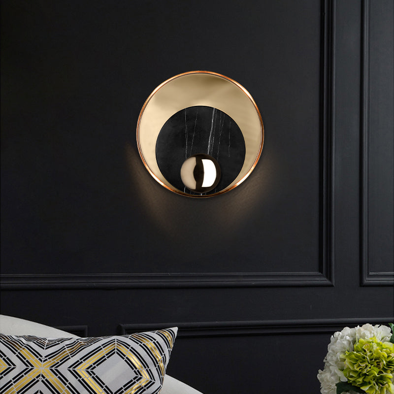 Designer Marble Led Flush Mount Wall Sconce In Black/White/Gold With Peacock Tail Feather Accent -