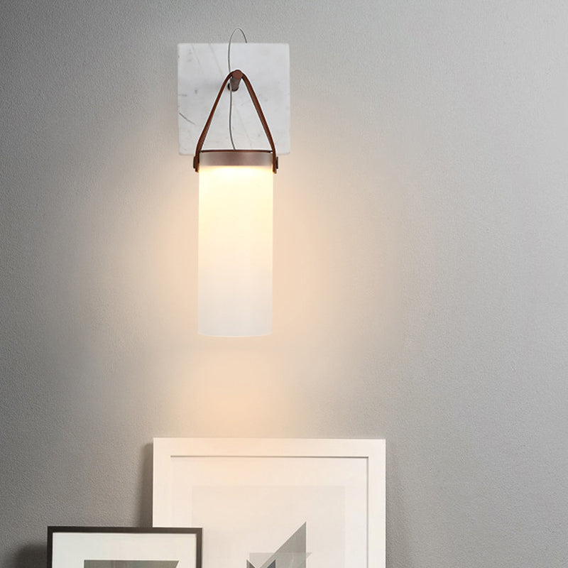Nordic Led Cylinder Wall Light White Glass Leather Strap