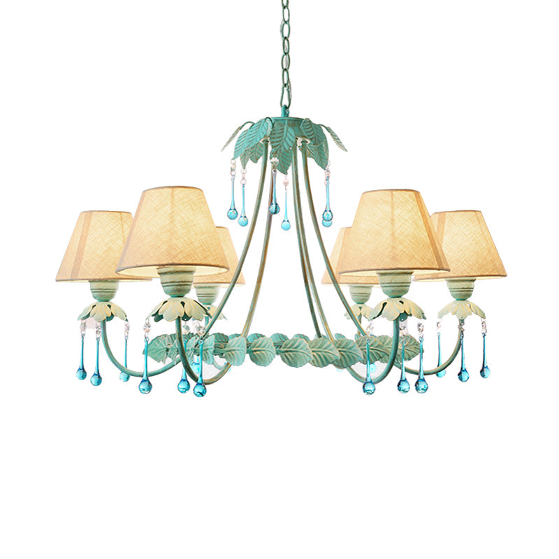 Mint Green & White Cone Fabric Shade Chandelier With Crystal Accents - 3/6 Light For Pastoral