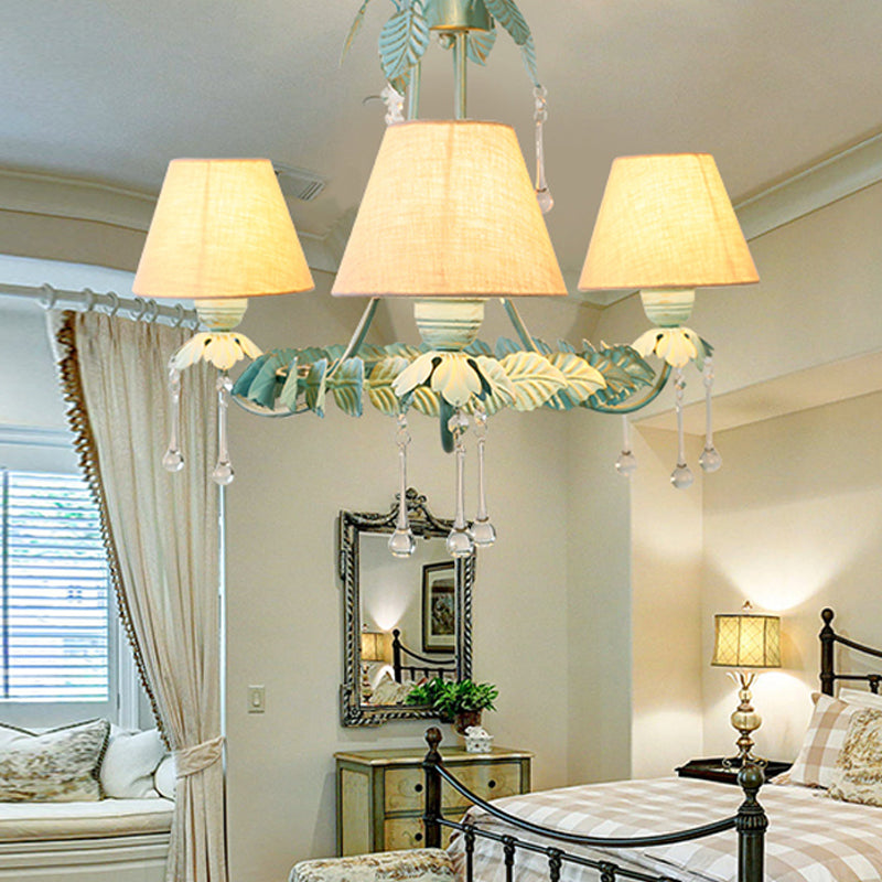 Mint Green & White Cone Fabric Shade Chandelier With Crystal Accents - 3/6 Light For Pastoral