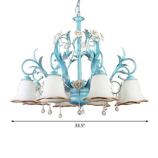 Countryside Bedroom Pendant Chandelier With Frosted Glass Shade And Crystal Decor In Blue - 3/5/8