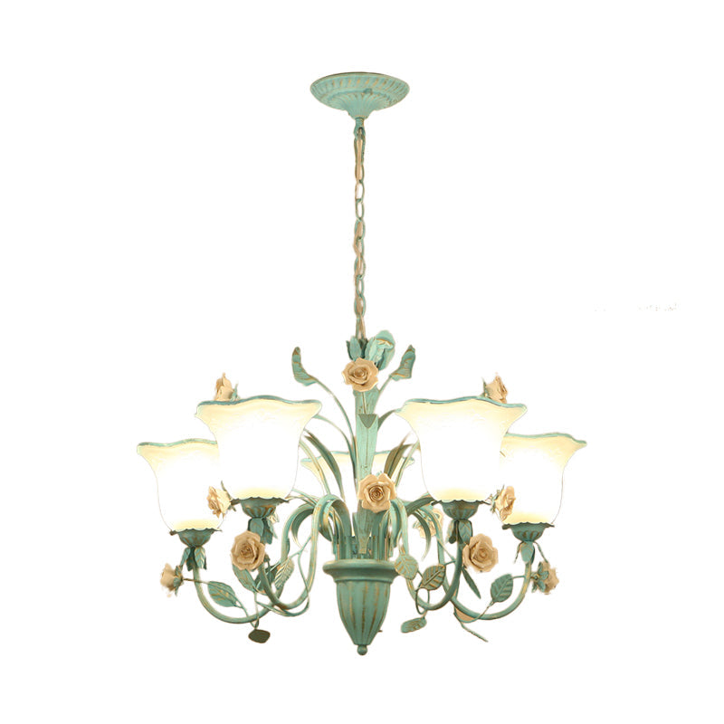 Romantic Blue Floral Frosted Glass Hanging Chandelier - 3/5-Light Pendant Ceiling Light For Bedrooms
