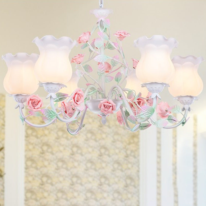 Korean Garden Chandelier Lamp - 6/8 Heads Red Flowered Shade With White Frosted Glass For Living