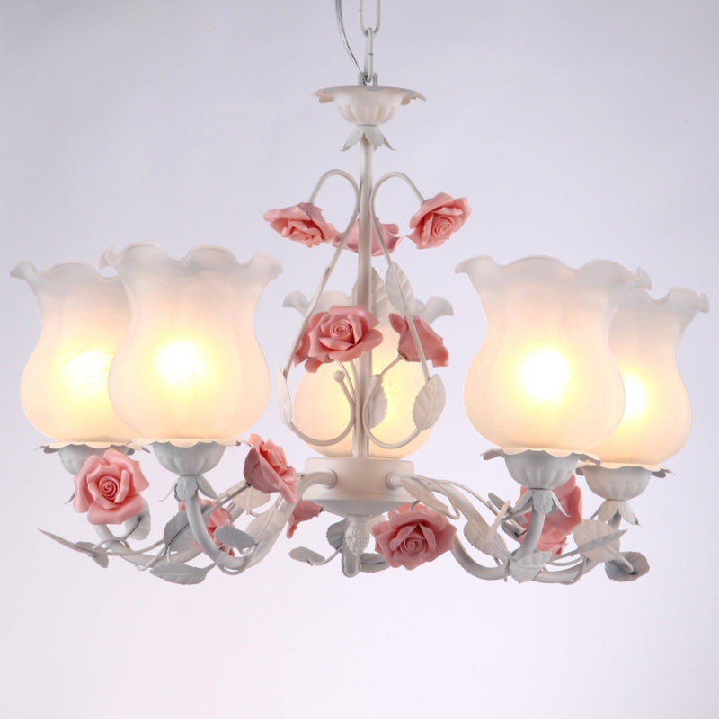 American Garden Flower Chandelier Light - 5-Light White Pendant Ceiling Fixture With Frosted Glass