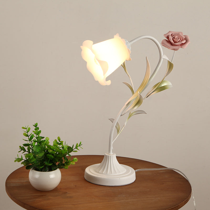 Korean Garden Table Light: Floral Opal Frosted Glass Shade Red/Pink Pink