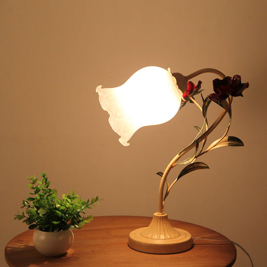 Korean Garden Table Light: Floral Opal Frosted Glass Shade Red/Pink