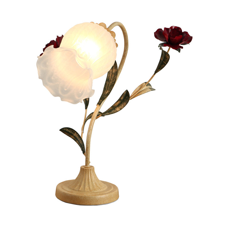 Korean Garden Table Light: Floral Opal Frosted Glass Shade Red/Pink