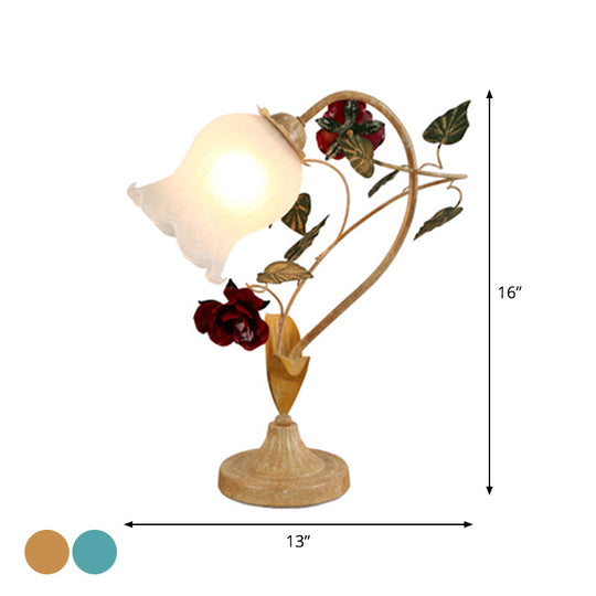 Pastoral Floral Frosted Glass Night Light With Arched Arm - Blue/Beige