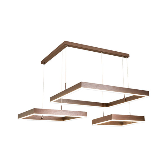 LED Square Drop Pendant Chandelier for Bedrooms - 2/3 Tiered, Simple Metal Design, Coffee