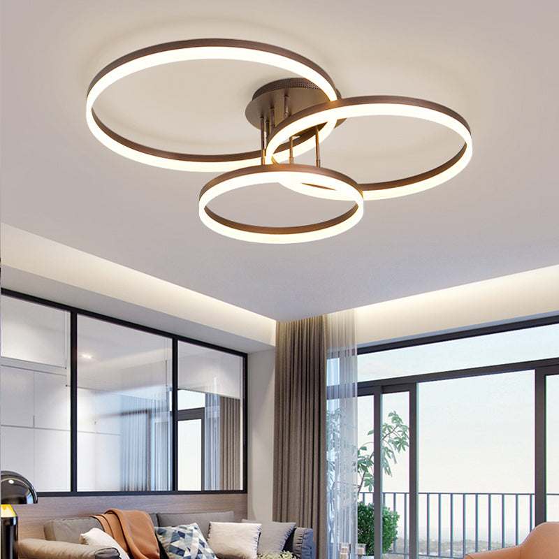 Minimalist Gold/Coffee 3-Ring Led Ceiling Light In Warm/White