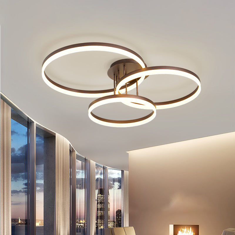 Minimalist Gold/Coffee 3-Ring Led Ceiling Light In Warm/White