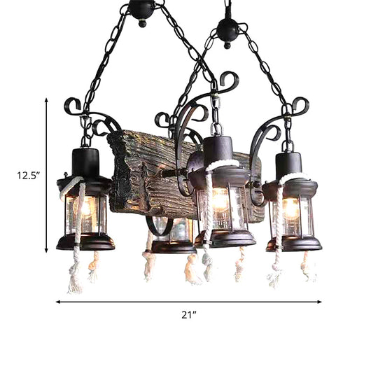 Industrial Clear Glass Chandelier with Wood Accents for Restaurant Ceiling - 4/6 Heads Lantern Pendant Light