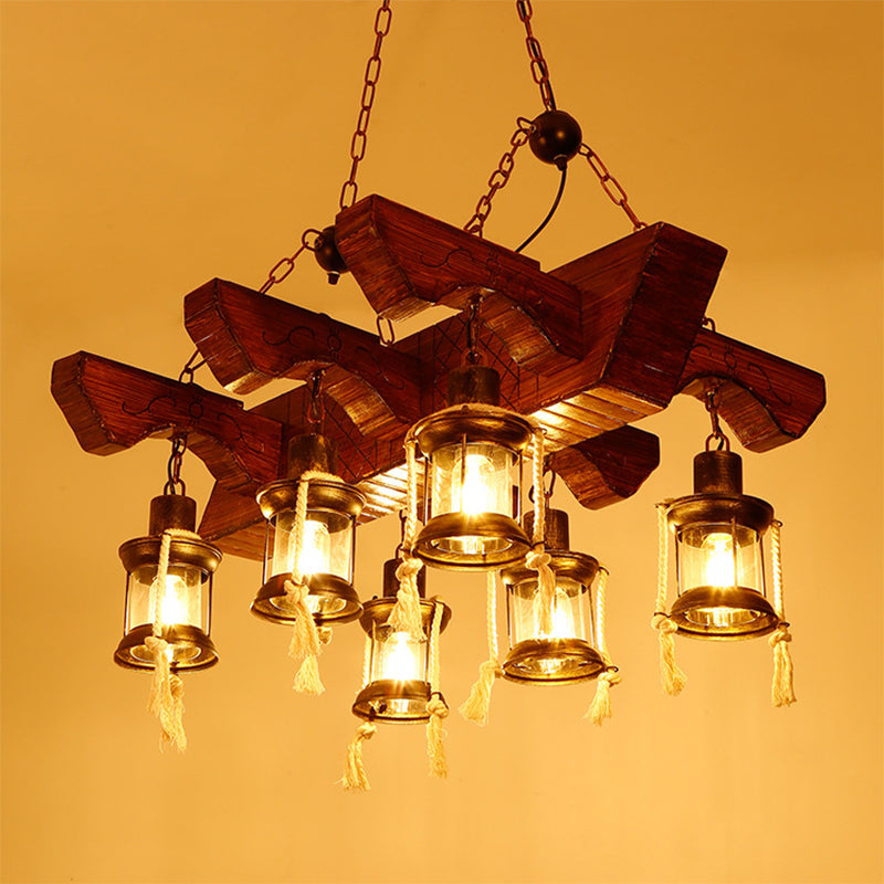 Industrial Clear Glass Chandelier with Wood Accents for Restaurant Ceiling - 4/6 Heads Lantern Pendant Light