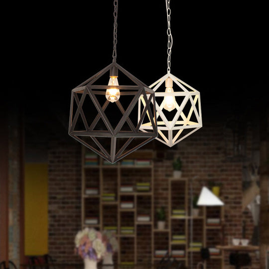 Wide Industrial Dining Table Pendant Light With Geometric Iron Cage 1-Light And Black Finish / 14