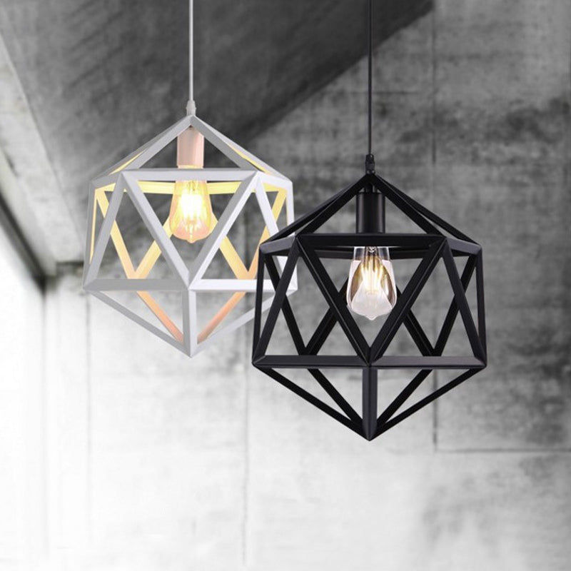 Wide Industrial Dining Table Pendant Light With Geometric Iron Cage 1-Light And Black Finish