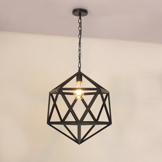 Wide Industrial Dining Table Pendant Light With Geometric Iron Cage 1-Light And Black Finish
