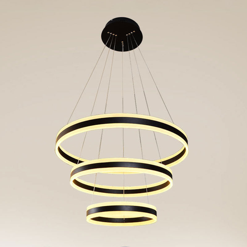 Modern Black Circular Chandelier - Simple 3-Light Acrylic LED Pendant for Dining Table