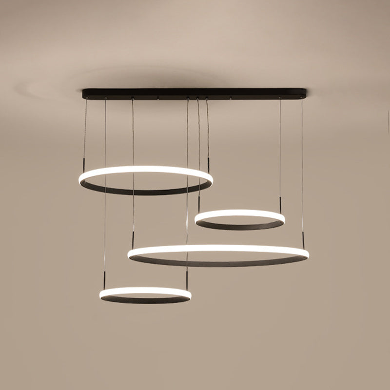 Minimalist 4-Head LED Chandelier Pendant Lamp with Outer Glow, Black/Coffee, Circle Acrylic Shade