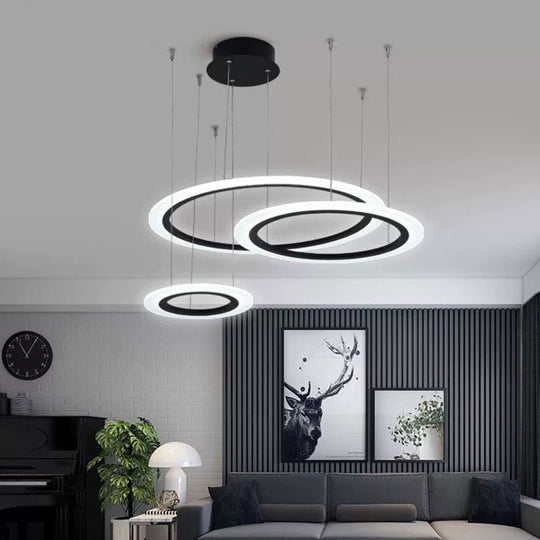 Modern Led Chandelier: Black 3/4 Tiered Halo Ring Design With Acrylic Shade / 3 Tiers