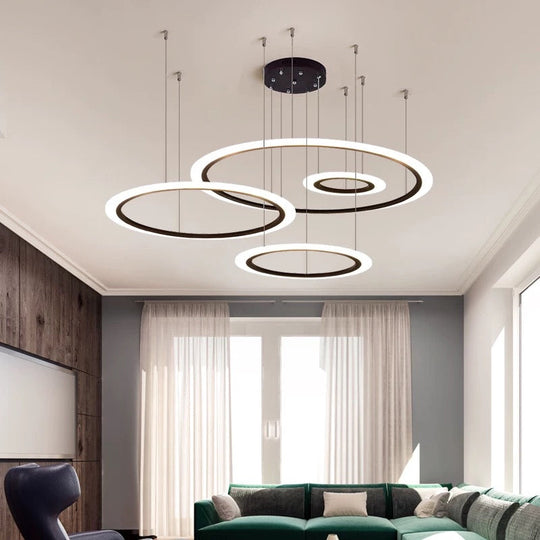 Modern LED Hanging Chandelier - Black Tiered Halo Ring Design with Acrylic Shade