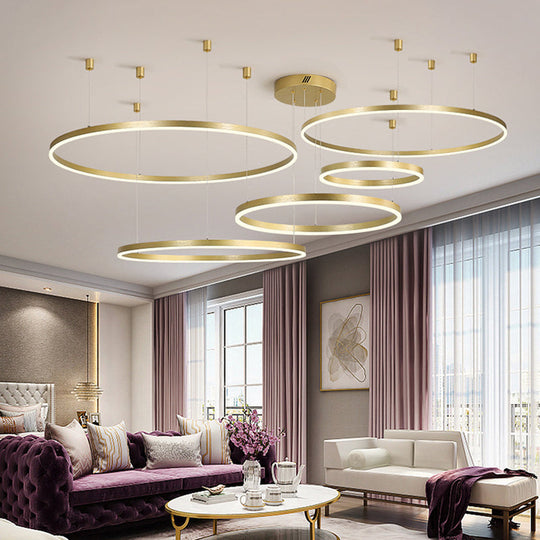 Postmodern Style Gold Led Chandelier - 3/4/5 Tiered Hoop Metal Ceiling Light For Living Room / 5