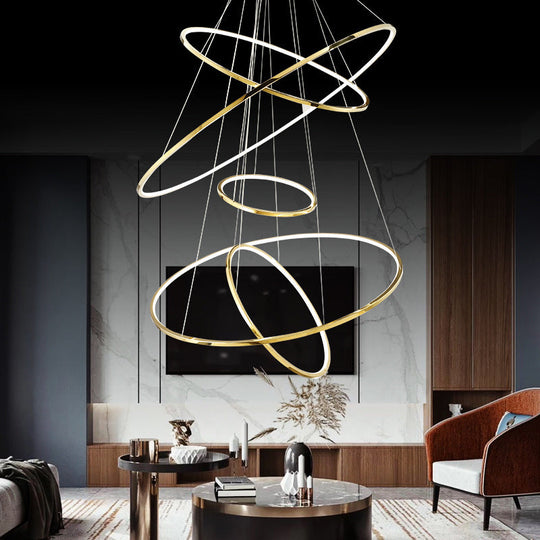 Extra-Slim Gold LED Pendant Chandelier - Minimalist, Stainless Steel, 3/5 Tiers - Ideal for Living Room