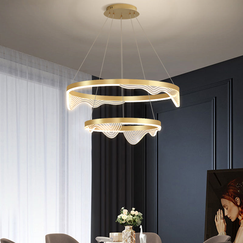 Modern Led Hanging Pendant Chandelier - Gold 2/3 Tiered Wavy-Edge Acrylic Shade