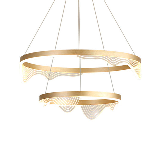 Modern Led Hanging Pendant Chandelier - Gold 2/3 Tiered Wavy-Edge Acrylic Shade