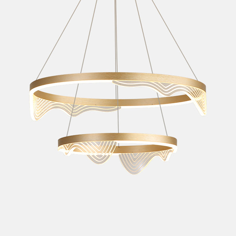 Modern Led Hanging Pendant Chandelier - Gold 2/3 Tiered Wavy-Edge Acrylic Shade