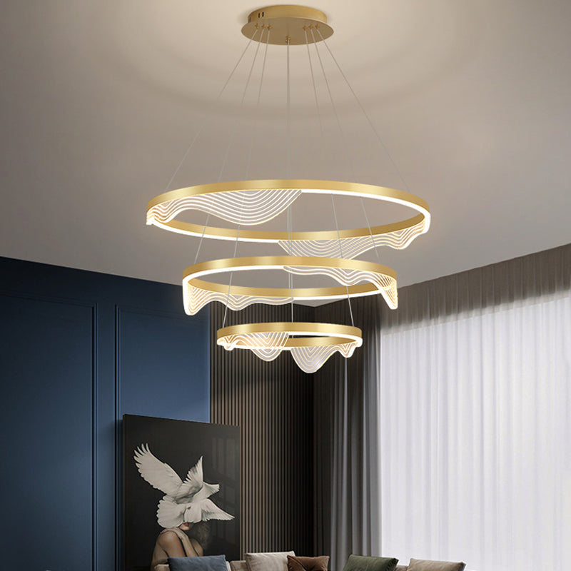 Modern Led Hanging Pendant Chandelier - Gold 2/3 Tiered Wavy-Edge Acrylic Shade / 3 Tiers