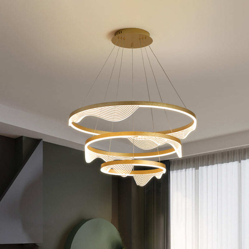 Modern Led Hanging Pendant Chandelier - Gold 2/3 Tiered Wavy-Edge Acrylic Shade