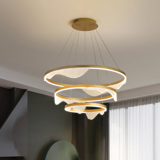 Modern Led Hanging Pendant Chandelier - Gold 2/3 Tiered Wavy-Edge Acrylic Shade