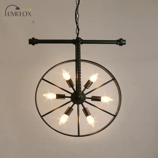 Metallic Wheel Chandelier Lamp Art Deco 6 Lights White/Black/Rust Pendant Ceiling Light for Restaurant