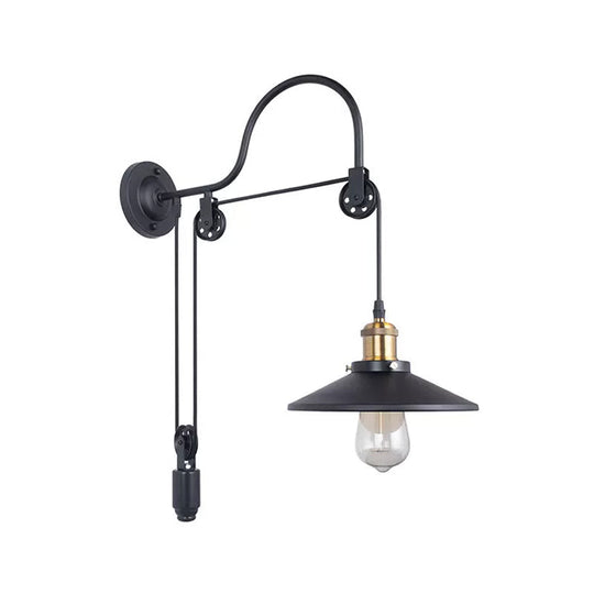 Conical Bedside Pulley Wall Light - Industrial Metal Black Lamp With Gooseneck Arm