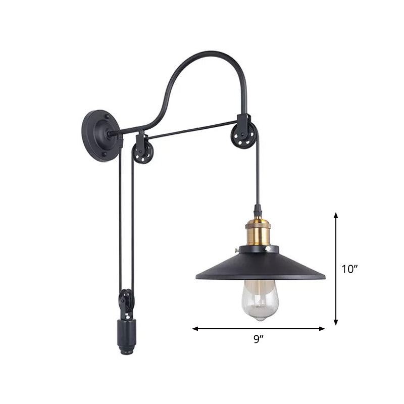 Conical Bedside Pulley Wall Light - Industrial Metal Black Lamp With Gooseneck Arm