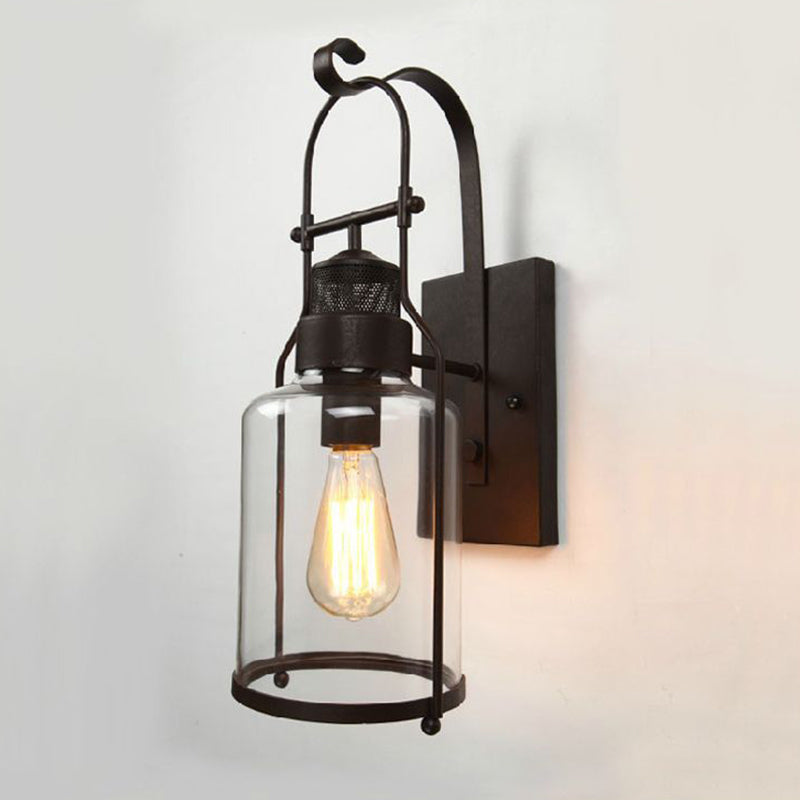 Rustic Glass Wall Light With Mesh Top - Cylindrical 1 Head Kitchen Lamp (Black) Black