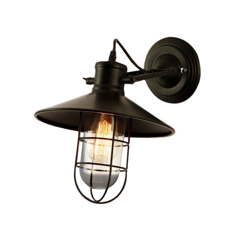 Farmhouse Adjustable Wall Lamp With Clear Glass Bulb Black Wire Cage & Saucer Top