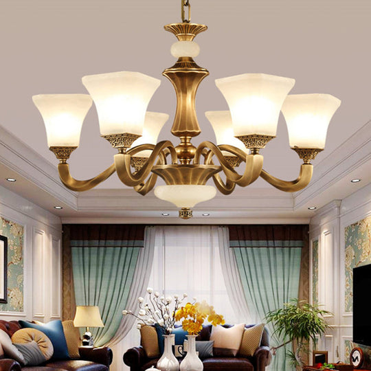 Classic Brass 3/6-Head Bedroom Pendant Light With White Glass Pagoda Design