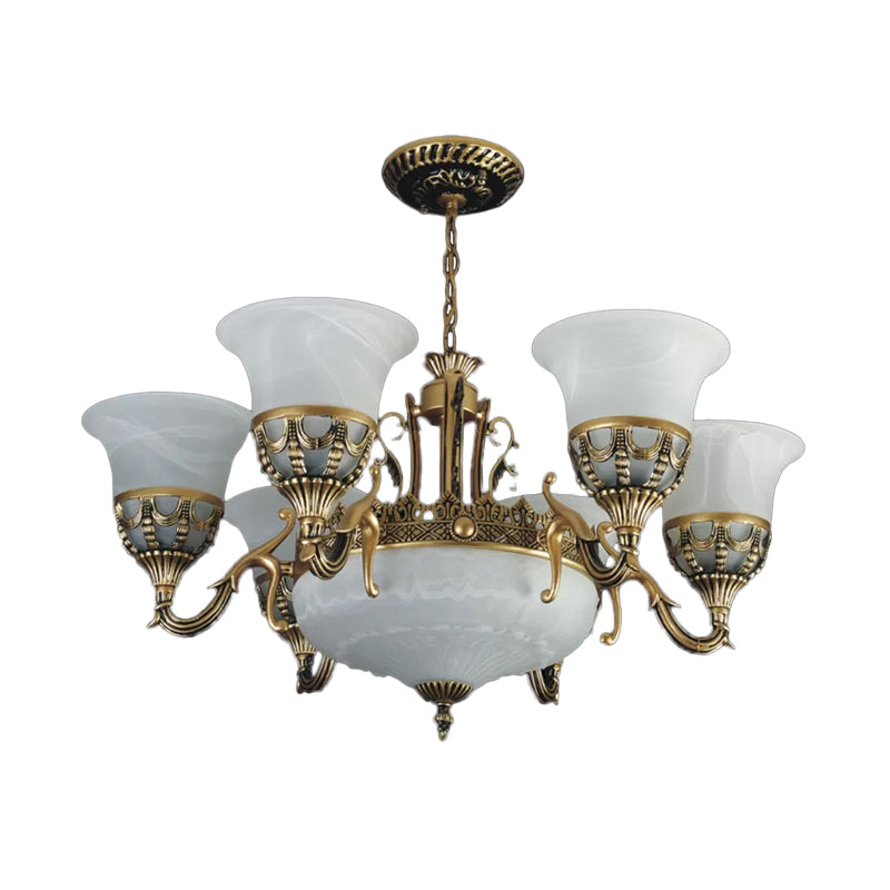 Traditional 9-Head Alabaster Glass Chandelier With Flared Shade - Bronze Finish