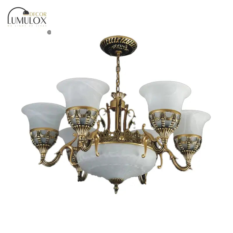 Flared Shade Alabaster Glass Chandelier Traditional 9 Heads Dining Room Suspension Light in Bronze