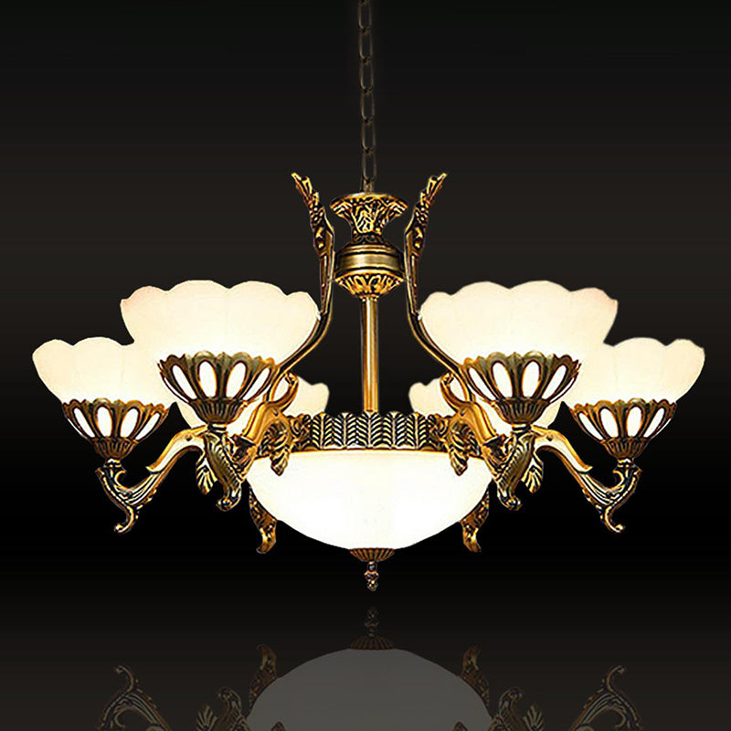 Classic Scalloped Glass Pendant Chandelier 9-Head Brass Finish For Living Room Ceiling
