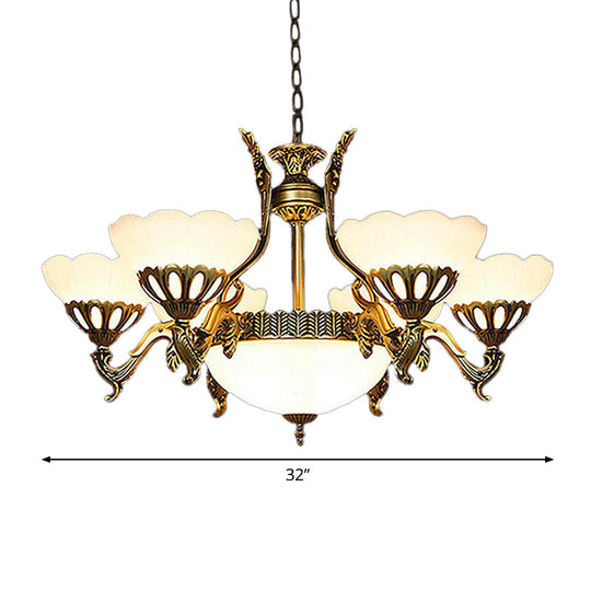 Classic Scalloped Glass Pendant Chandelier 9-Head Brass Finish For Living Room Ceiling