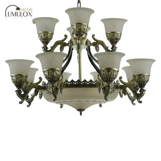Bronze Bell Up Chandelier Light Traditional Opaline Glass 15 Bulbs Dining Room Pendant Light