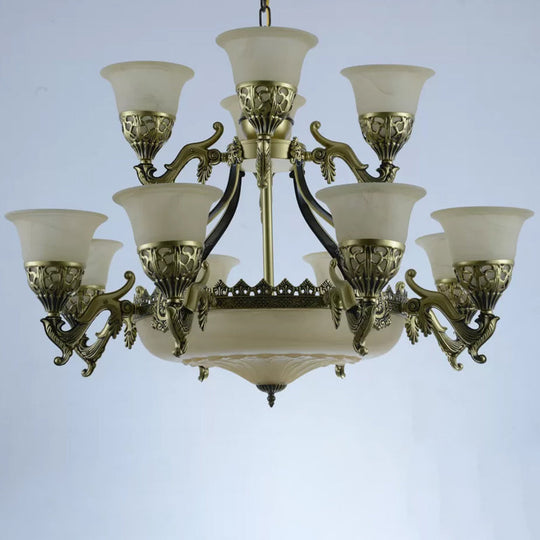 Traditional Opaline Glass Chandelier Light With Bronze Bell Up Design - 15 Bulbs Dining Room Pendant