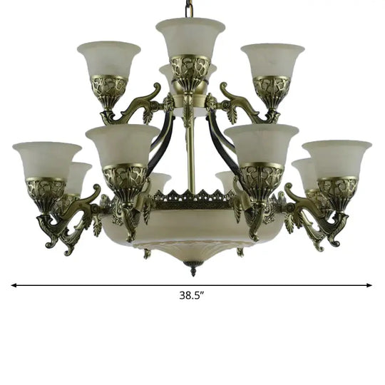 Bronze Bell Up Chandelier Light Traditional Opaline Glass 15 Bulbs Dining Room Pendant Light