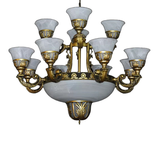 Classic Bell Chandelier: Alabaster Glass 15-Light Ceiling Pendant In Brass