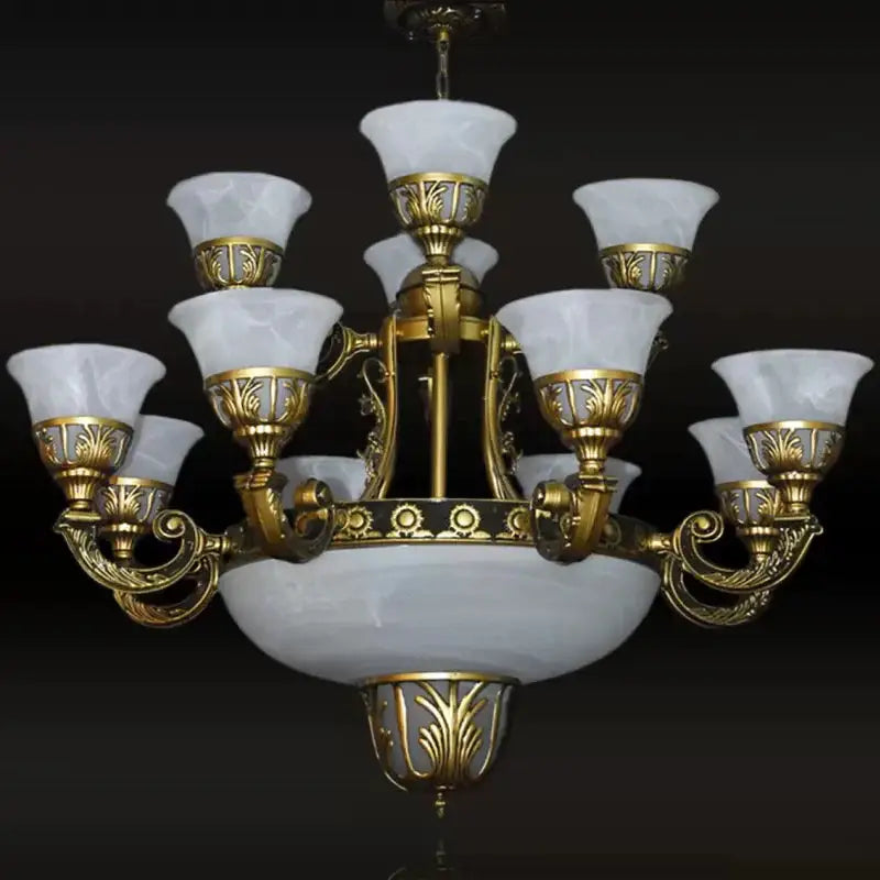 Traditional Style Bell Chandelier 15 Heads Alabaster Glass Up Hanging Ceiling Light in Brass